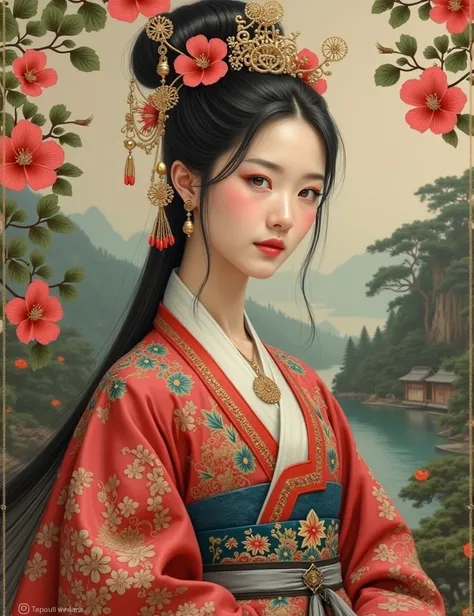 vintage oil painting, portrait of a beautiful korean woman, female korean, extremely rich and detailed korean traditional attire, hibiscus flowers, traditional korean, korean summer landscape in background, korean river in background, summer tones, artisti...