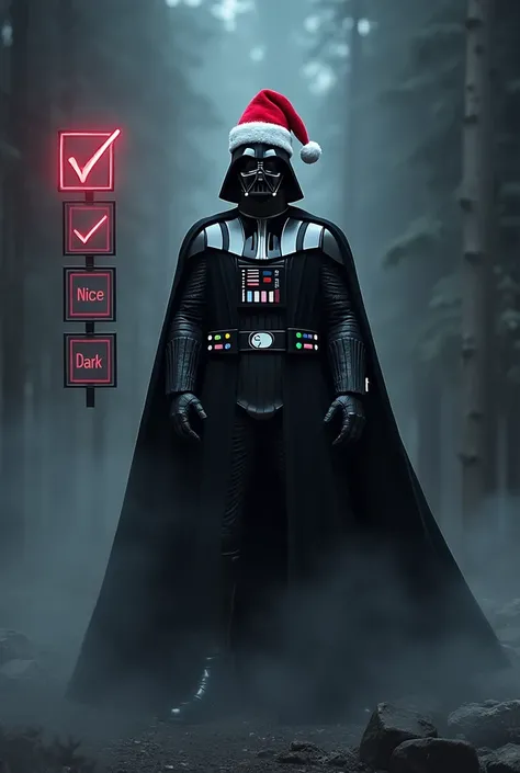 Darth Vader with Santa hat , including three selection boxes with the inscription Nice Naughty Dark. Dark is ticked  