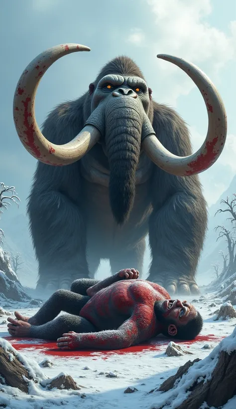 "A towering, ferocious woolly mammoth stands victorious over the fallen King Kong, its massive tusks stained with blood. The mammoths eyes burn with savage triumph as its trunk raises high, letting out a deafening trumpet. King Kong lies defeated on the ic...