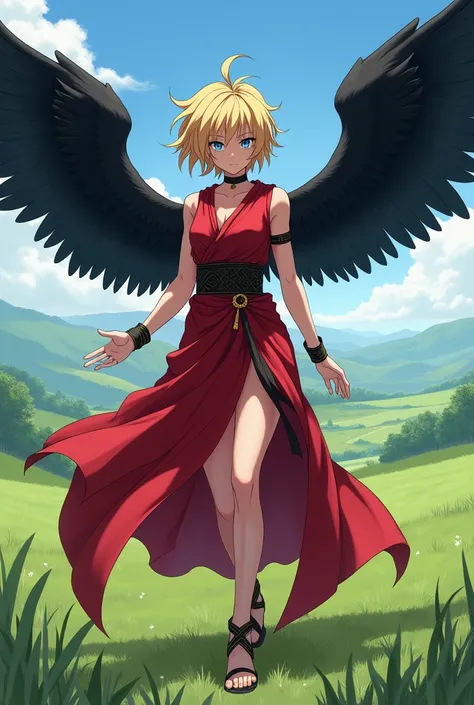  God adult slim and fibrous physique in red robe black girdle Greek sandals with short blond hair with several pointed tufts somewhat messy, with dark angel wings blue eyes  . In the background a southern field .   anime style