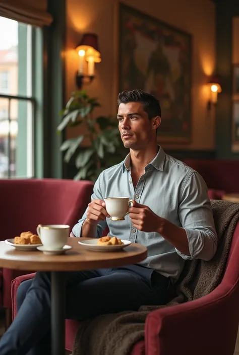 Ronaldo Enjoying traditional British tea in a cozy café.
