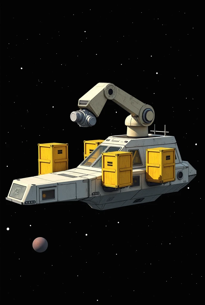 Low-resource spaceship that carries 4 yellow containers on its sides and has a large robotic arm on the roof