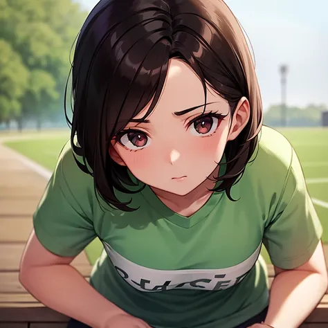  María has short dark hair ,  of a deep brown shade ,  that frames her face softly .  His eyes are big and expressive,  of a warm brown color that reflects her sensitivity . Are you playing sports.