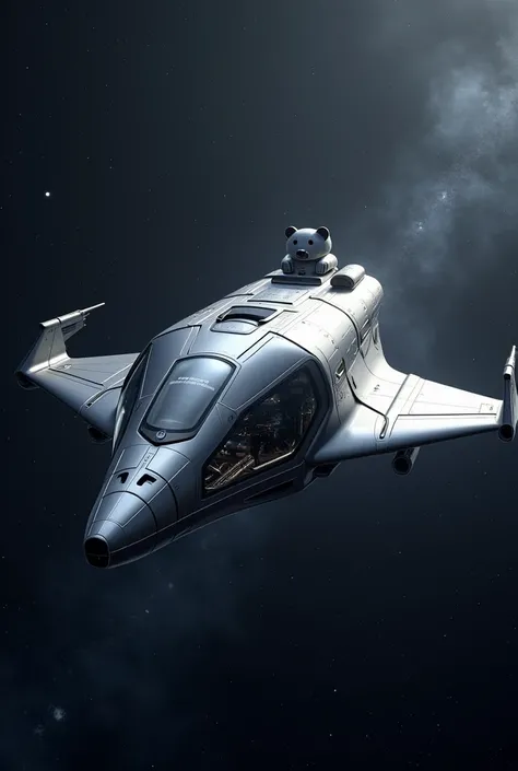  A silver titanium spaceship flying in space with a small head and a stylish design in the shape of a bear, The face side has a large transparent window, and the inside of the spaceship can be seen in detail 