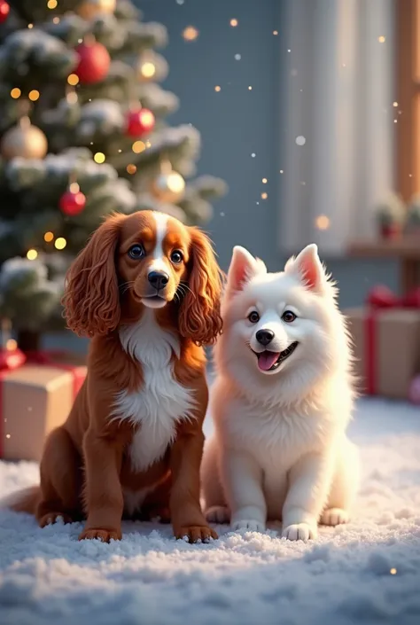 Christmas image where are:
A reddish Russian Spaniel with a white stripe down the center on its muzzle and neck,
Two white samoyeds