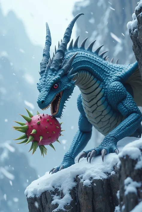 A cinematic scene of a dragon eating a dragon fruit, both locked in an intense gaze with each other. The dragon, with detailed scales shimmering in icy blue hues, stands atop a snow-covered cliff, its sharp claws gripping the frozen ground. The dragon frui...