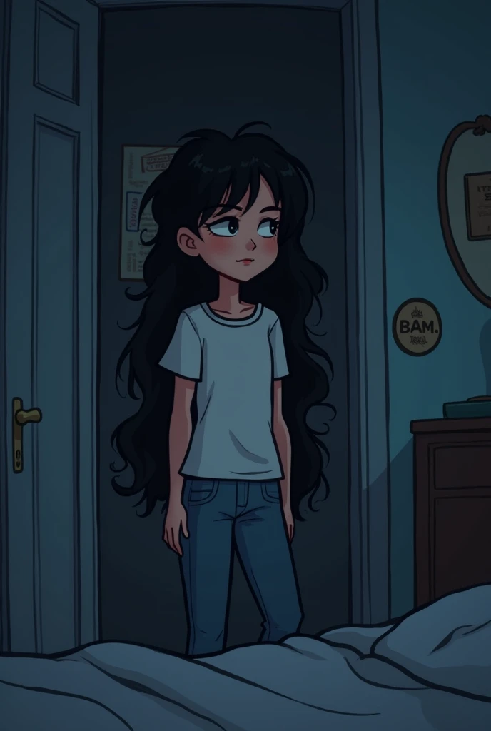 A beautiful female cartoon character stands in her dark room wearing tshirt  and pants with long messy hair and sleepy eyes. With a logo circle beside her with a initial B.A.M inside the logo