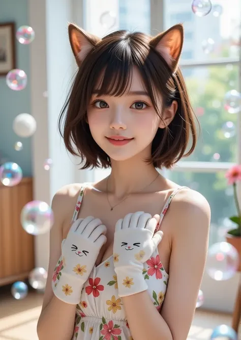 Anthropomorphic cute female cat、 her whole body is shown 、 wearing a floral dress、Pose with big cat gloves、In a bright room、Lots of soap bubbles in the background