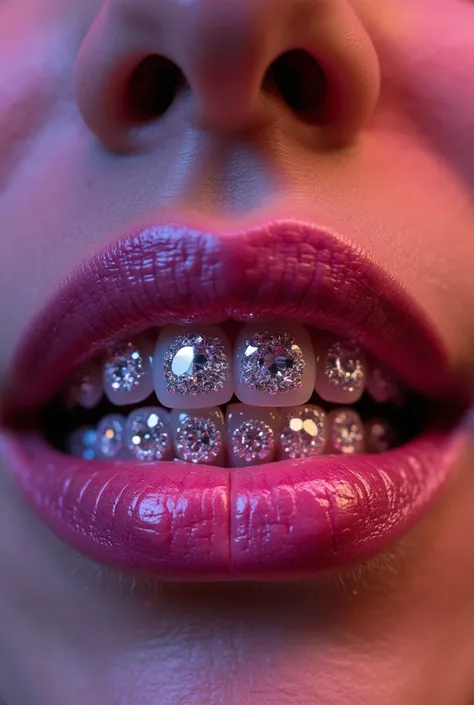 the words [ANITA MUSE] in pink shiny, glimmering diamonds, lights bouncing off the diamonds, VVS diamonds, engraved of silver chrome grillz, on teeth in a smiling mouth, grillz, 4k, realistic image, photolike, cinematic