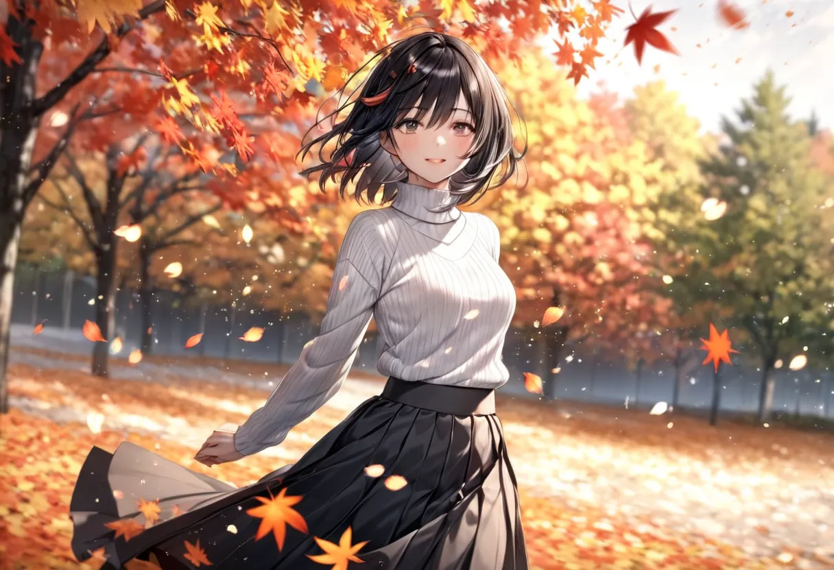 falling fall leaves petals (( motion blur:2.0 , autumn leaves filter effect :3.0 ,  background blurred )) , woman standing black...