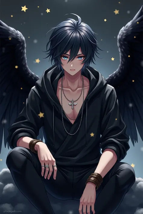 A transman angel .  He has big black wings ,  black shoulder-length hair ,  grey-blue eyes ,  he is 28 years old ,  he is wearing a black hoodie ,  is too big and hangs over his butt and hips .  He wears black under the black hoodie Jeans on his feet and h...