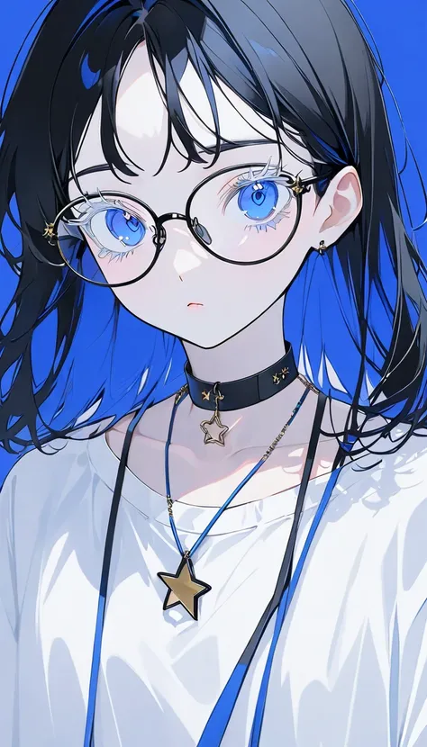  Minimalist ，Stylish girl，Medium-long black hair， blue background、Glasses、Transparent eyelashes， bright blue eyes、Im wearing a black choker with ３ gold star brackets around my neck、