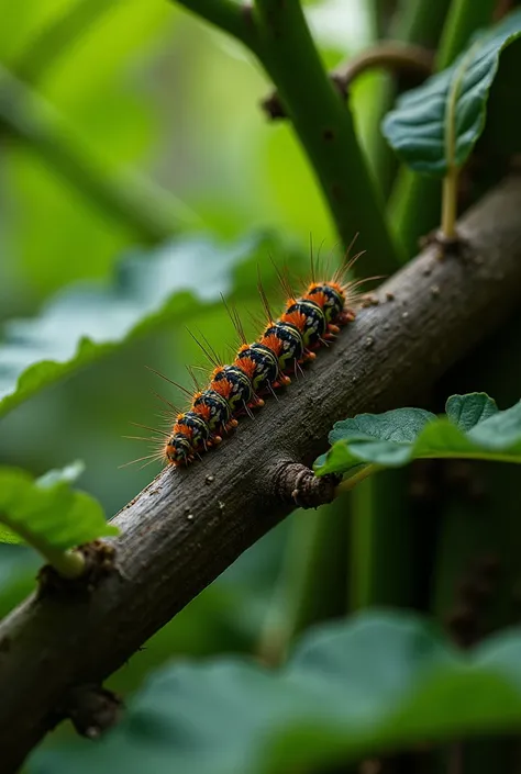 In the crevices of the lush branches of the tree ,  there is a caterpillar crawling termite on a wooden twig .  There are several leaves with holes in the impression of a caterpillar bite on the wooden twig. 
Capture the atmosphere from a close-up with an ...