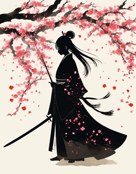 Shadow Art, Floor Plan, Silhouette art, side view, Shadow is a Chinese costume knight with long hair fluttering and a long sword, Knight Waving Pose ， Shadows Minimalist ,  ink painting art ,（ petals falling:1.3）, Colored Pear Blossoms and Cherry Blossom P...