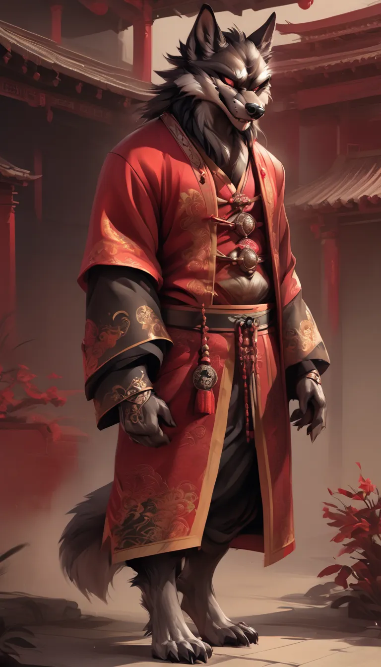 set image of a werewolf wearing chinese style clothes