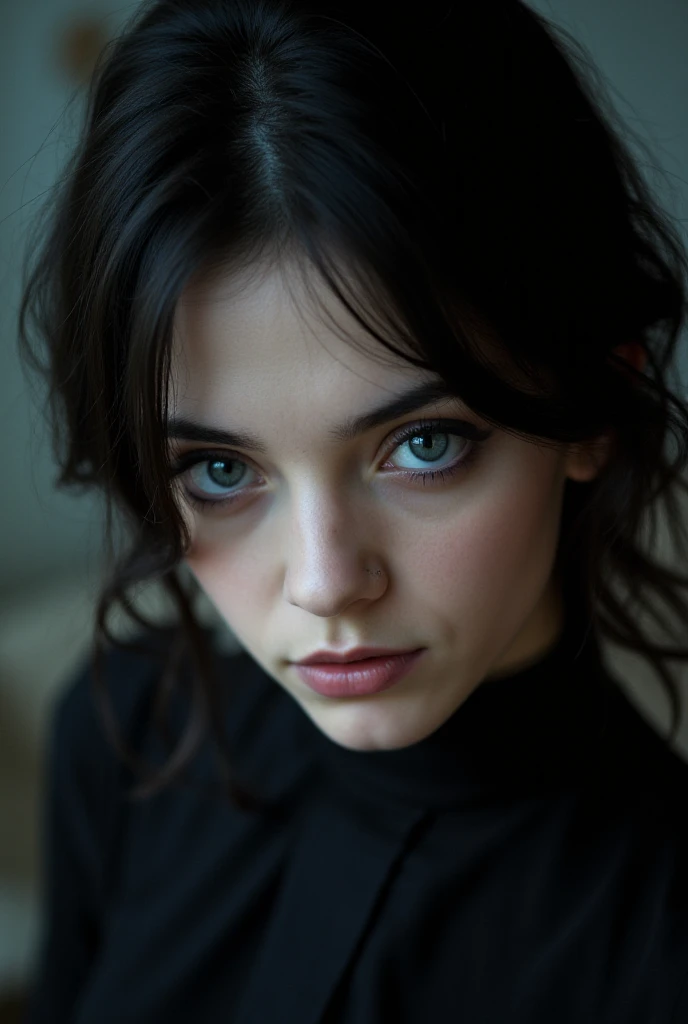 a young fair skin gothic girl, black outfit with blck hair, close up, front view