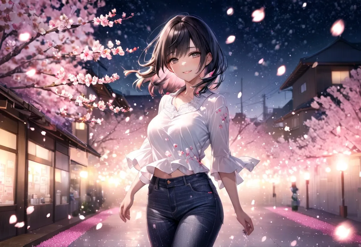 cherry blossom petals pouring down at night(( motion blur:2.0 ,  cherry blossom filter effects :3.0 ,  background blurred )) , w...