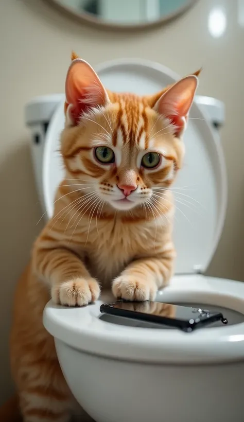 A light orange tabby cat with faint white stripes and bright green eyes, standing near a toilet, using both paws to carefully fish out a dripping wet smartphone. The cat’s expression is a mix of determination and disgust, with water droplets splashing. The...