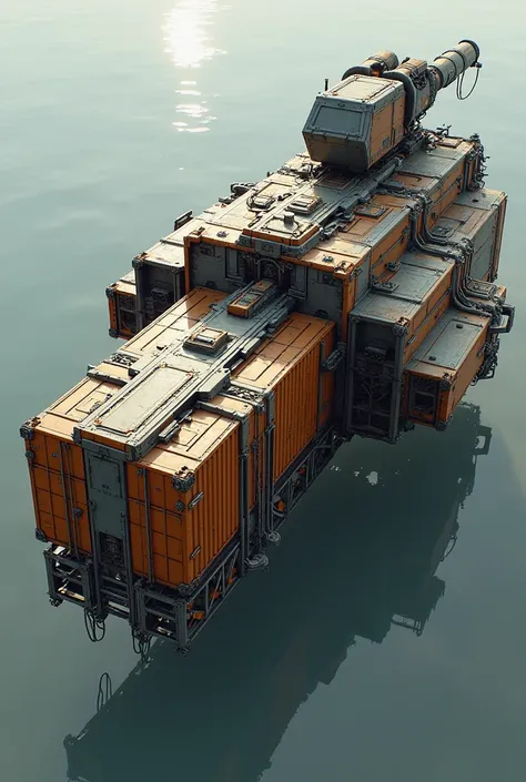 Spaceship rebuilt with parts from other ,  ships that carries 4 20-foot containers on its sides and has a large robotic arm on the roof