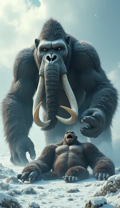 "A colossal woolly mammoth stands triumphantly over the defeated King Kong, its massive foot planted firmly on Kongs chest. The mammoths long, curved tusks are smeared with battle scars, its trunk raised in a victorious roar that echoes through the icy, de...