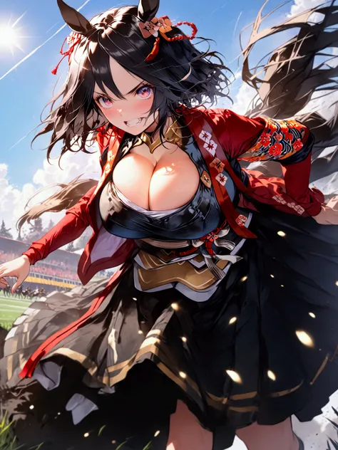 ((( kitasan black 1)))、( black hair)、( short hair)、(red and black horse girl skirt costume)、(((Horse&#39;s ears)))、 horse tail、(((Running pose)))、(((Sprinting)))、(Glare with sharp eyes)、(frown)、(scowl)、(grind teeth)、(((wind)))、(((blue sky)))、(((Turf)))、「 b...