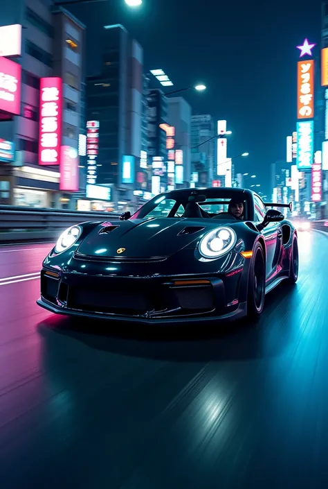 "Design a high-impact thumbnail for a YouTube video titled Japan’s Midnight Club: The Fastest and Deadliest Racing Legend. The thumbnail should feature the following elements:

Main Car Focus: A dynamic, high-quality image of a black Porsche 911 Turbo (Bla...