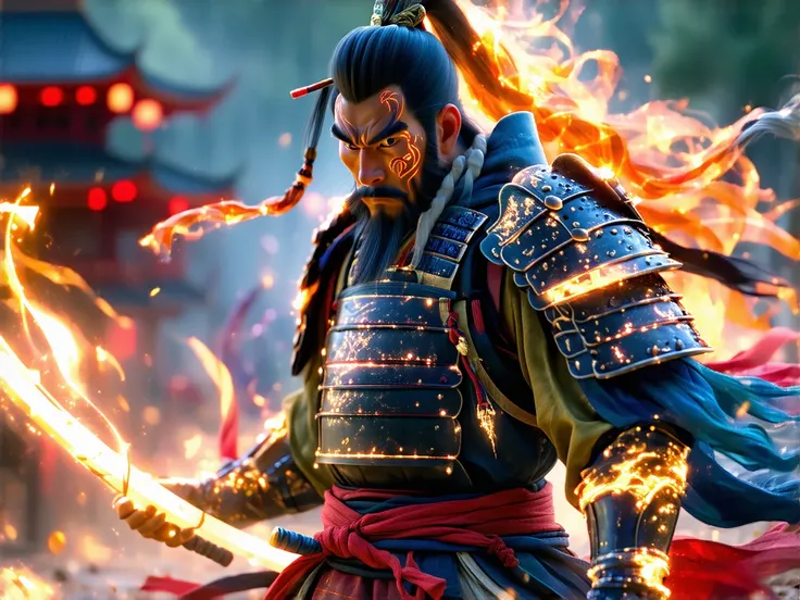 A powerful ancient Japanese warrior in traditional armor with glowing mystical tattoos * Disney Pixar animated movie style * vibrant colors * expressive characters, fantasy elements, and a hint of magic.
