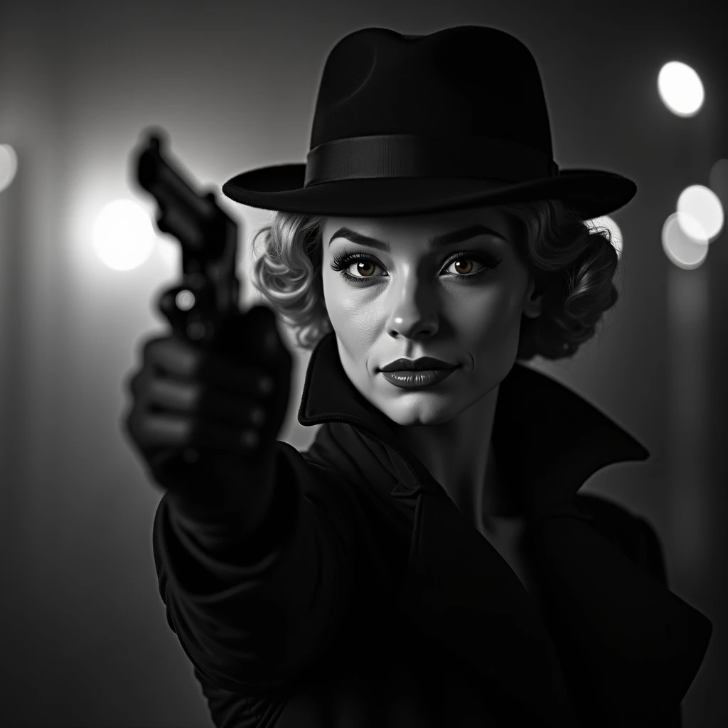 black and white, 1930s movie style, Very close up view, 3D image, a pretty woman wearing Cyberpunk era outfit, holding a revolver, the *** is pointing up and she is preparing for danger that is coming, high colar coat, sherlock holmes hat, dark background,...