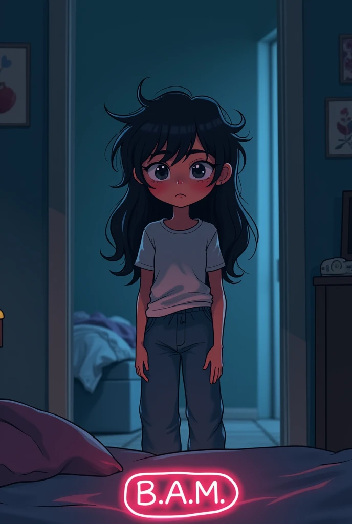 A beautiful female cartoon character stands in her dark room wearing tshirt  and pants with long messy hair and sleepy eyes. With a logo circle at the bottom with a initial B.A.M inside the logo