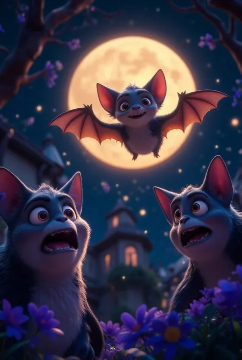 One cute bat is flying, making a sad face, with two cute bats making a suspicious face. Night background