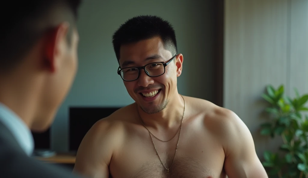 Short-haired, muscular middle-aged Korean men are office workers and hard workers.  pants have bulging crotches　{{{erection}}}　(( metabolic syndrome body type))) 、{{{My beard is shaved }}}、(((( ecstatic expression ))))　(((Penis texture)))、(((Chest hair tex...