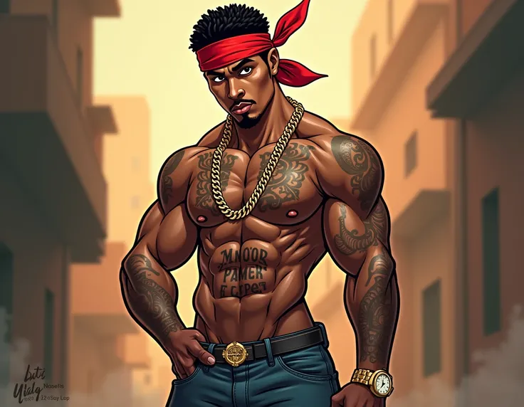 Crée une illustration 2D stylisée inspirée d’un rappeur charismatique des années 1990. Le personnage porte un bandana rouge noué sur la tête, des tatouages visibles sur le torse (incluant un texte imposant sur labdomen), et des accessoires iconiques comme ...