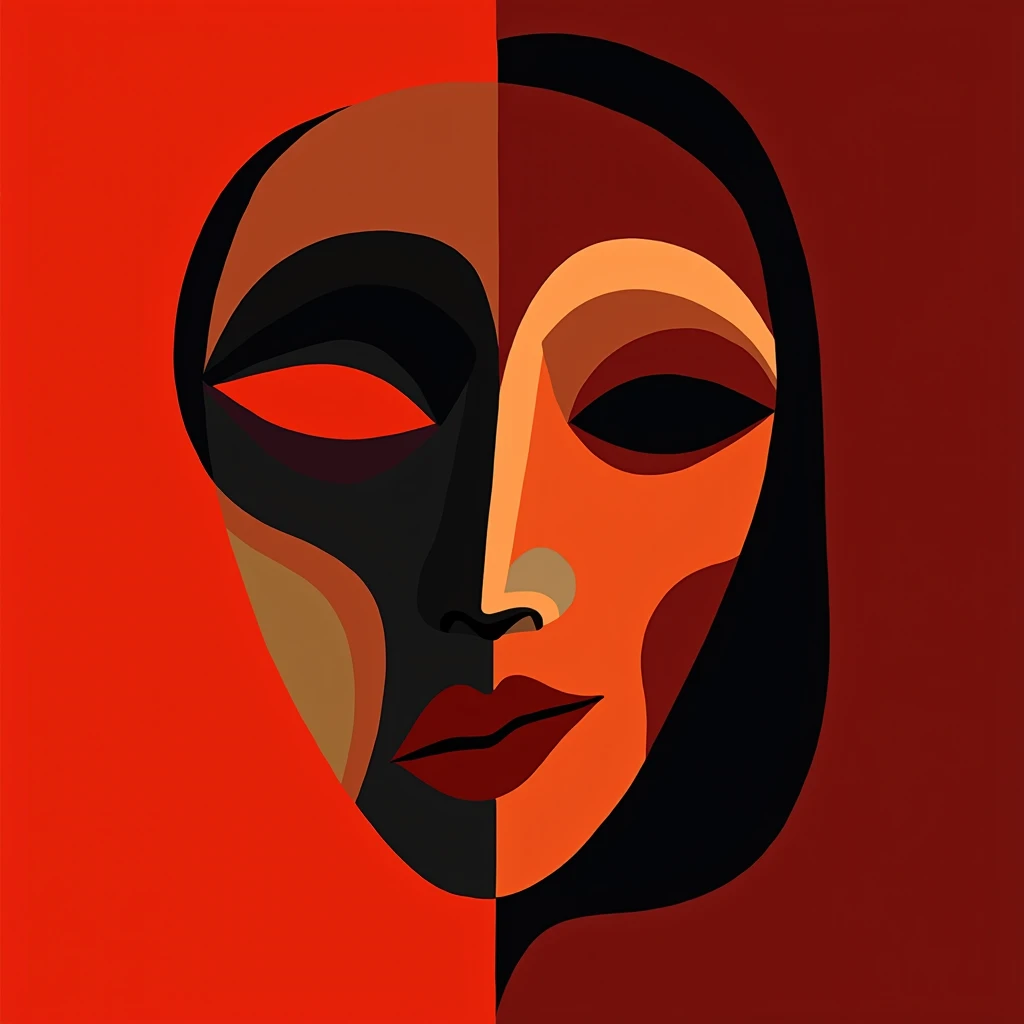 create a cubist mask image with the colors , maroon, orange and black with red background 