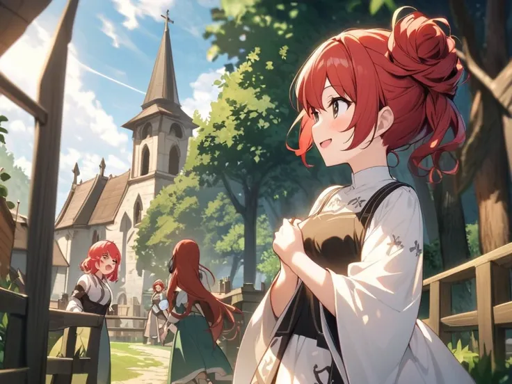 A village girl with red hair and a splash hairstyle is chatting with ren outside a village surrounded by woods、（Maternal、 and smiles 、peace、Simple、Outdoor）、（ fantasy standing in a church、Pastoral）