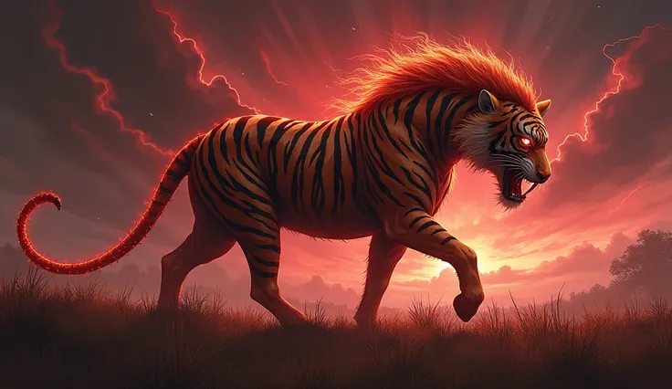 "Design a terrifying hybrid creature that seamlessly combines the features of a tiger and a horse into a single, monstrous entity. The creature should have the powerful, muscular body of a horse, covered in tiger-like stripes. Its head is a fusion of a tig...