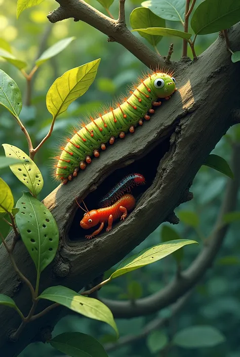 Draw a picture of a poster color . 
In the crevices of the lush branches of the tree ,  there is a caterpillar crawling termite on a wooden twig .  Several sheets of perforated leaves are visible from the bite of a caterpillar on the wooden twig. 
Capture ...