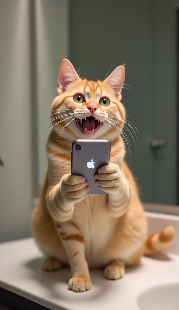 A light orange tabby cat with faint white stripes and bright green eyes, sitting on a bathroom counter, holding a smartphone that has just lit up and turned on. The cat looks overjoyed, with its mouth slightly open in excitement. The background is a modern...