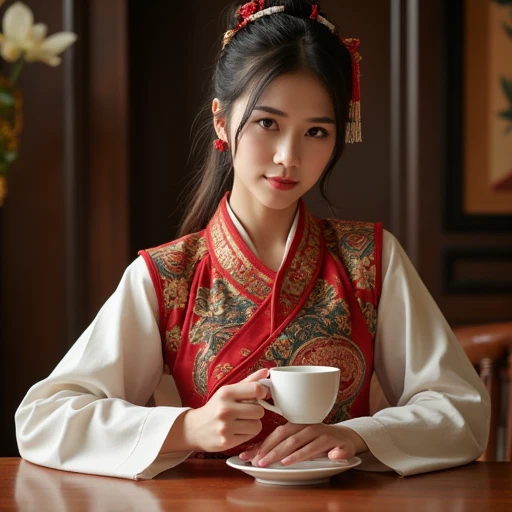 a close up of a woman sitting at a table with a cup of coffee, palace ， a girl in hanfu, a young woman as genghis khan, beautiful oriental woman, chinese woman, chinese girl, chinese princess, an asian woman, a young asian woman, ancient chinese princess, ...