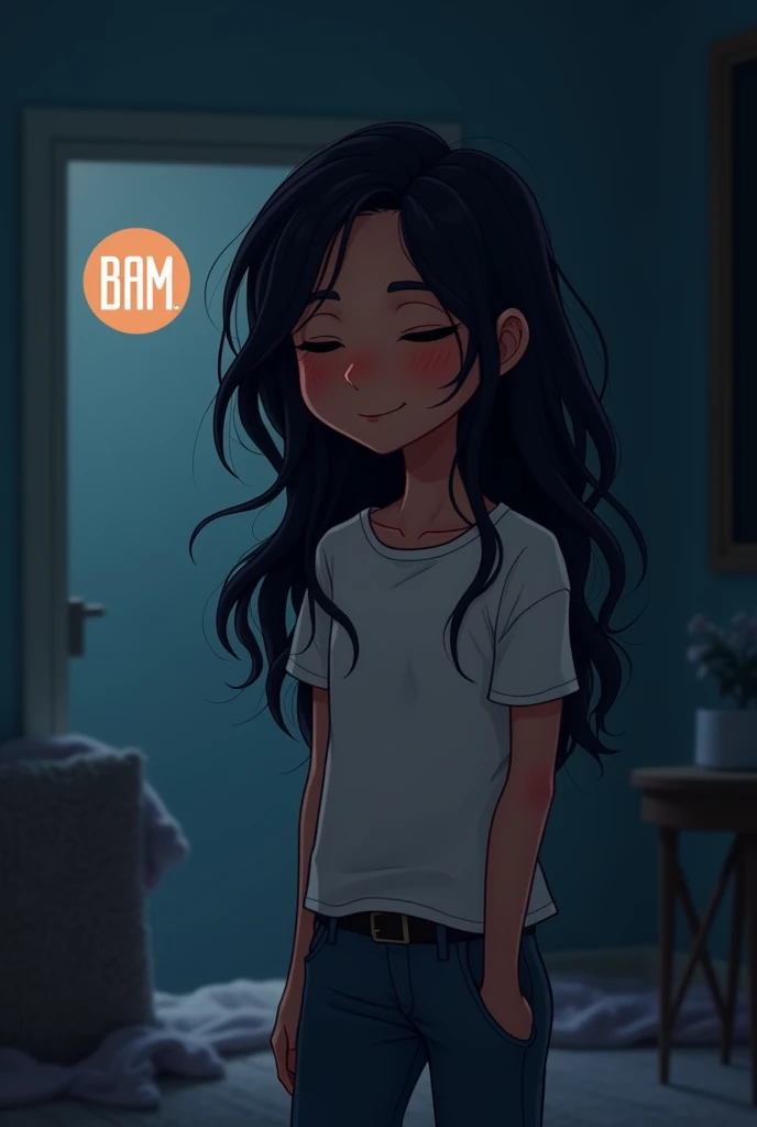 A beautiful female cartoon character stands in her dark room wearing tshirt  and pants with long messy hair and close eyes. With a logo circle at the top of her head in the left side areawith a initial B.A.M inside the logo.