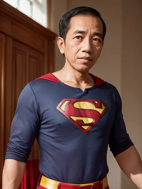 4k, Best quality, masterpiece, ultra high res, beautiful lighting, (realistic, photo-realistic:1.4), realistic background,  jokowi, 1man, 50 years old, serious, superman costume, standing potrait photo, Long shot, wide shot, full shot, explosion background