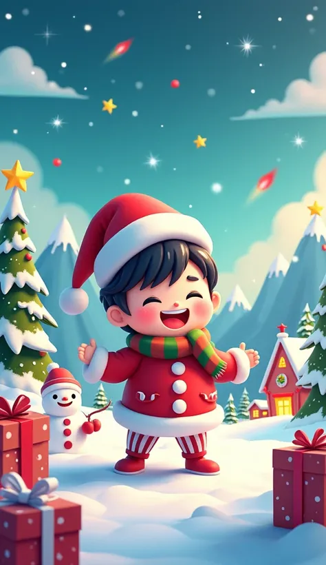  Create a Christmas design for ren that is unique and fun .  Use a vibrant color palette that includes red , green, blue, yellow and pink.  Incorporate playful elements such as gifts wrapped with large bows , Christmas candies ,  fun angels and winter game...