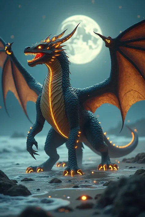 A cinematic hybrid creature stands menacingly on a moonlit beach, a fusion of a mighty dragon and a glowing serpent-like entity. Its body is massive and muscular, with shimmering scales that blend hues of black, gold, and iridescent blue. Its wings, wide a...