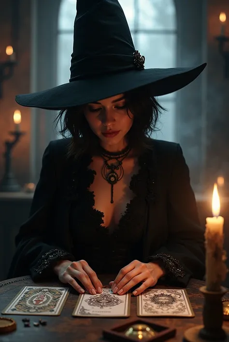 A witch with short hair with black hat reads tarot 
