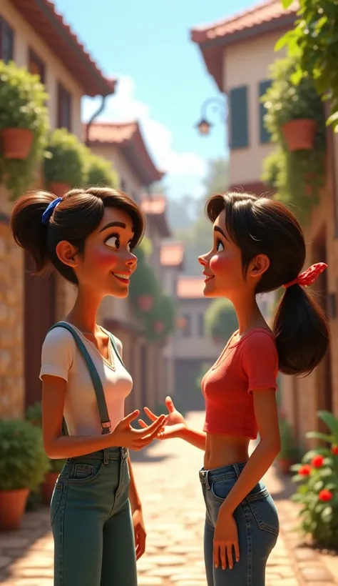 Two women are talking in village.Pixar style 