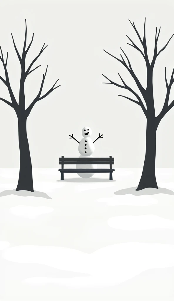 A simple winter scene, predominantly white, depicts a snowman standing in a snowy park. The snowman is positioned slightly off-center to the right of the image, in a relaxed pose with outstretched arms.  Two bare, dark silhouette trees flank the snowman, p...