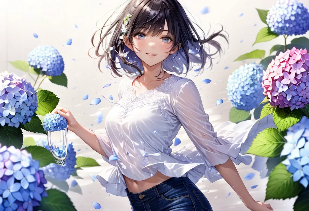 pouring hydrangea petals(( motion blur:2.0 , hydrangea filter effect :3.0 ,  background blurred )) , woman standing black hair "...