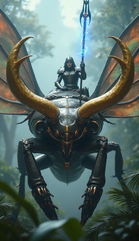 Imagine a colossal beetle with a metallic, gleaming body, its wings adorned with intricate mesh patterns that reflect light into a rainbow of colors. Its golden horns are large and intricately designed, exuding power and majesty. Atop the beetle sits a war...