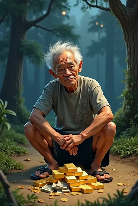 make a hyperrealistic 4D caricature of an Asian grandfather, with messy hair, sitting on the ground and in front of him a pile of gold bars, banknotes and gold coins, the grandfather is wearing a simple gray t-shirt with an abstract pattern, black shorts, ...