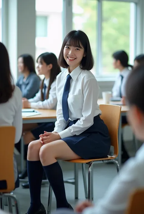 whole body, Enjoy Talking With Friends ,School,classroom, sit on a chair, 20 Year Old Japanese Woman Turning Her Butt ,japanese,cute,Idol,Idol, portrait,Model, short bob,bangs, black hair, small breasts,Gloss,( small ass  ),School指定の紺色のスカート,School指定の紺色のブレザ...