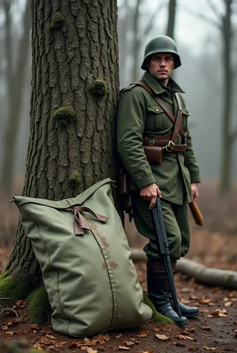 1943 .  soldiers bag leaning against tree .  bag in pale green .  standing in front of it with ppsh-41 machine gun reading.  bag with battle wedge affixed to bag 